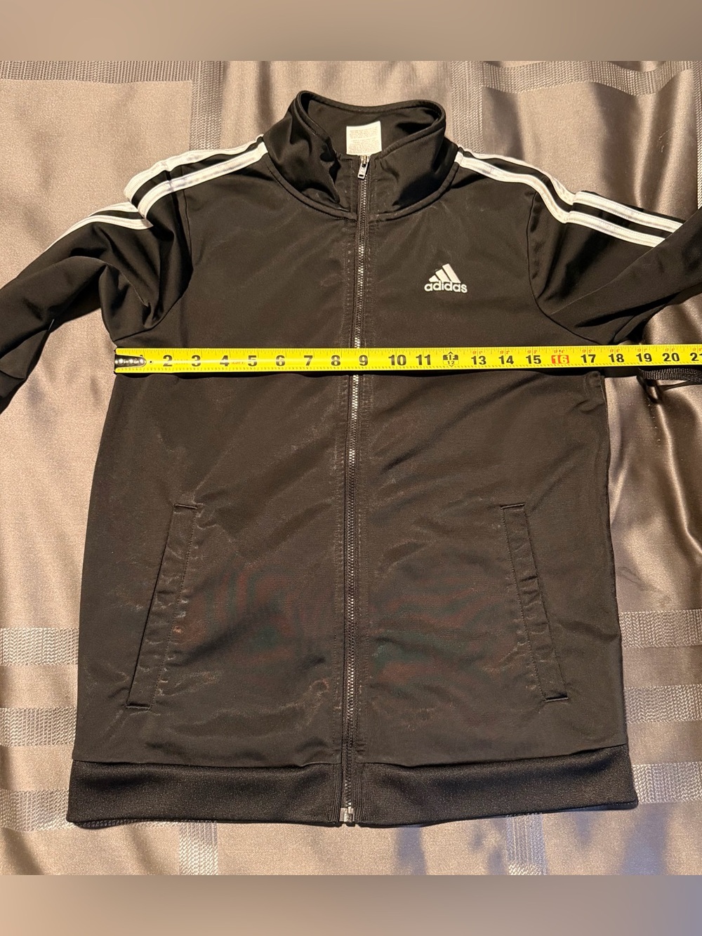 Adidas Black Track Jacket with White Stripes- women size LARGE
